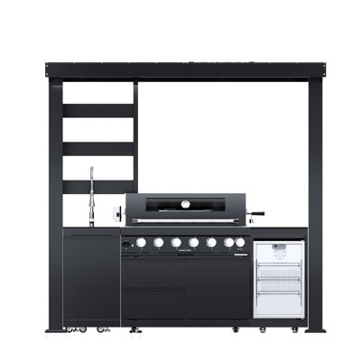 Îlot de cuisine pour barbecue avec brûleur à vin 85 pouces et 85 brûleurs 85 pouces 94 pouces. Comprend des brûleurs tubulaires à haut rendement, un brûleur infrarouge arrière et un brûleur latéral. Conception tout temps, granit
