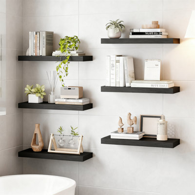Ensemble de 6 tablettes flottantes noires de 15,8 pouces, ensemble de tablettes murales en bois aggloméré rustique avec supports cachés, tablettes de ferme d'une capacité de 22 lb pour la salle de bain