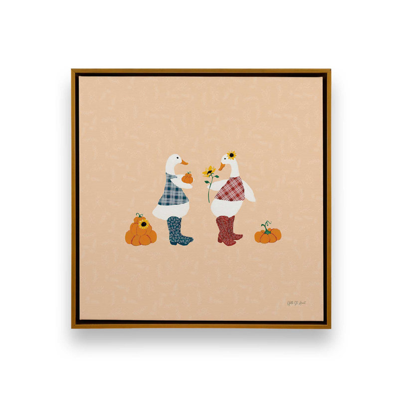 «Ducks in the Pumpkin Patch IV» par Yvette St. Amant, reproduction d'art sur toile, H 12 po x l 12 po, Cadre flottant, Doré
