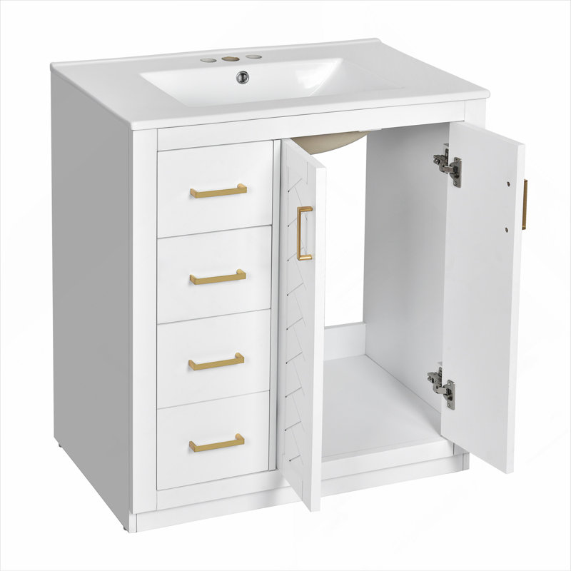 Ensemble de meuble-lavabo 30 po avec lavabo en céramique, armoire de rangement en bois massif, ensemble de meuble-lavabo autoportant avec 3 tiroirs et portes à fermeture douce