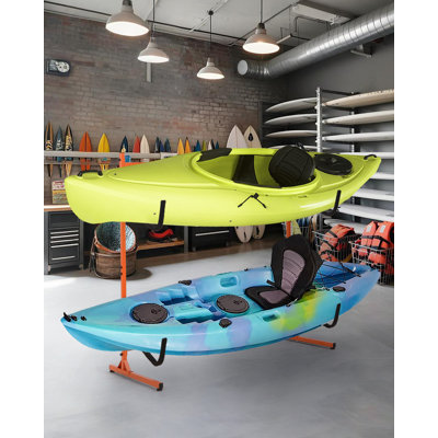 Freestanding Heavy Duty Kayak Storage Rack, Adjustable Width Stand for Kayaks, Canoes, Surfboards, and Paddleboards