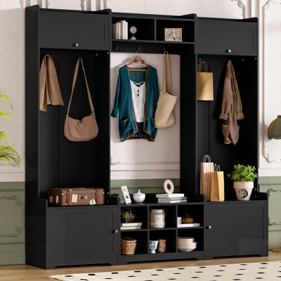 Large portemanteau moderne avec rangement pour chaussures, banc d'entrée 4 en 1, 8 casiers, 7 crochets et tablette ajustable pour une vie organisée