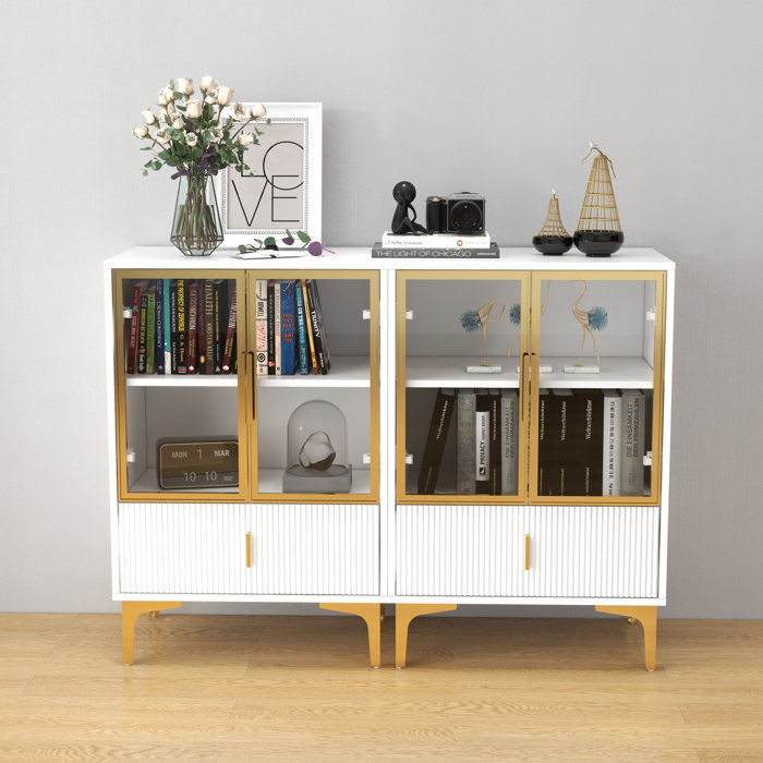 FESTIVITY 42 Inch Wine Cabinet With Two Doors & Drawers, Open Glass