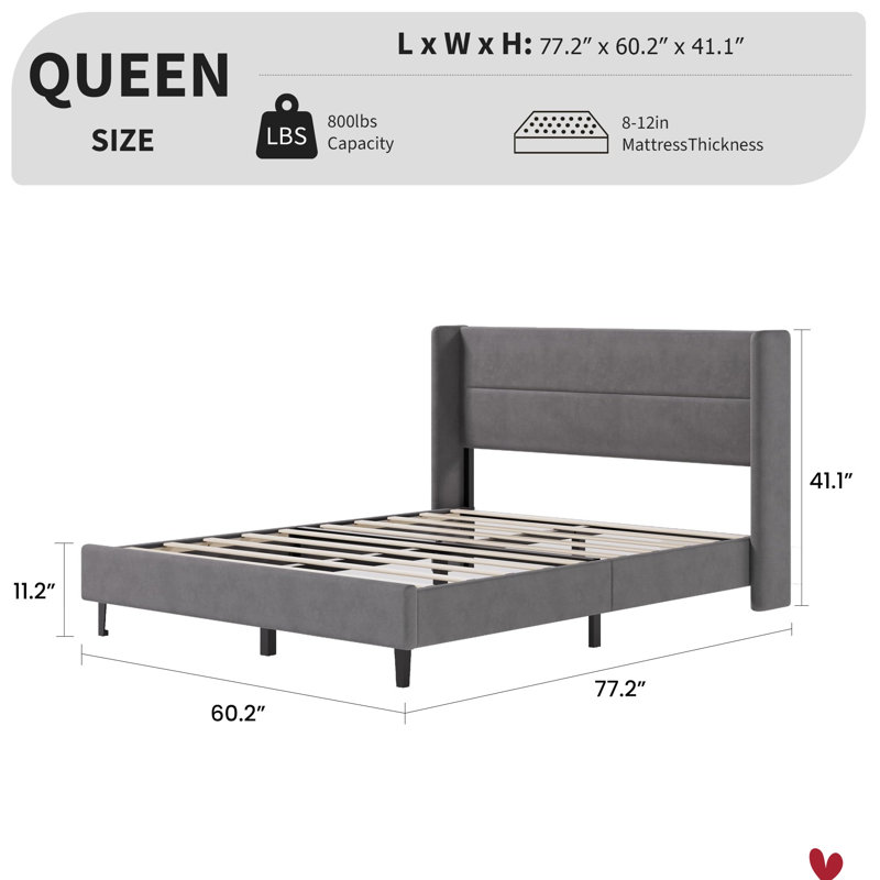 Lit plateforme tapissier en velours, Gris, Grand lit