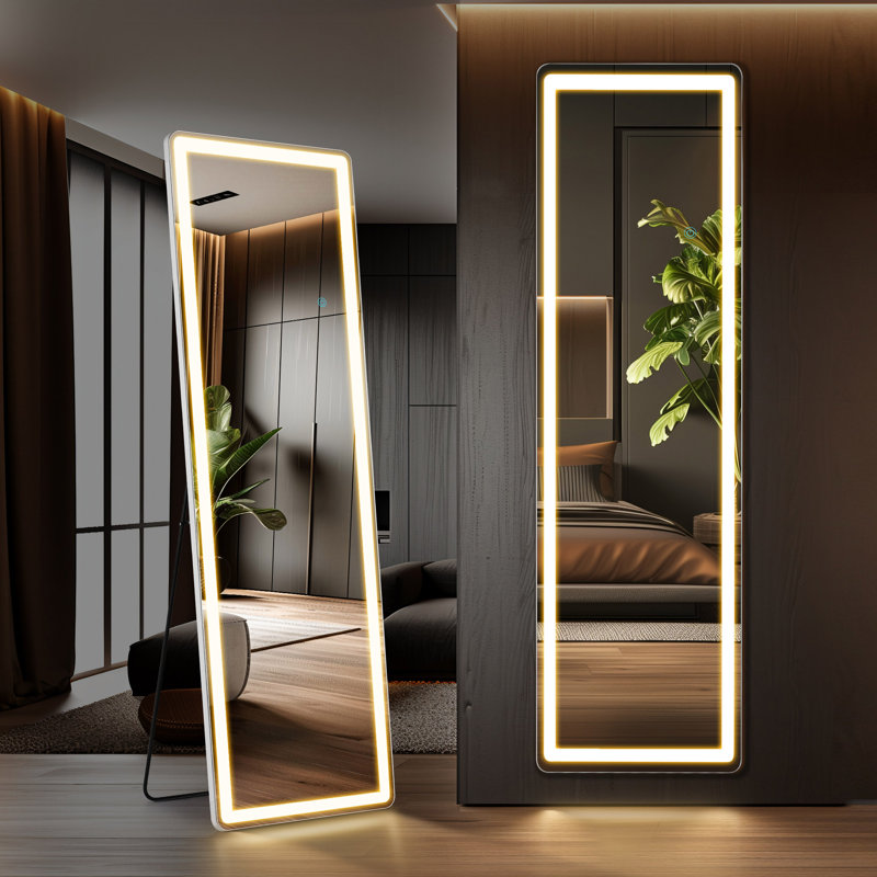 3 Color Lighting Mirror With LED Lights, Lighted Floor Standing Mirror With Stand, 15.7" x 59.8", Cream