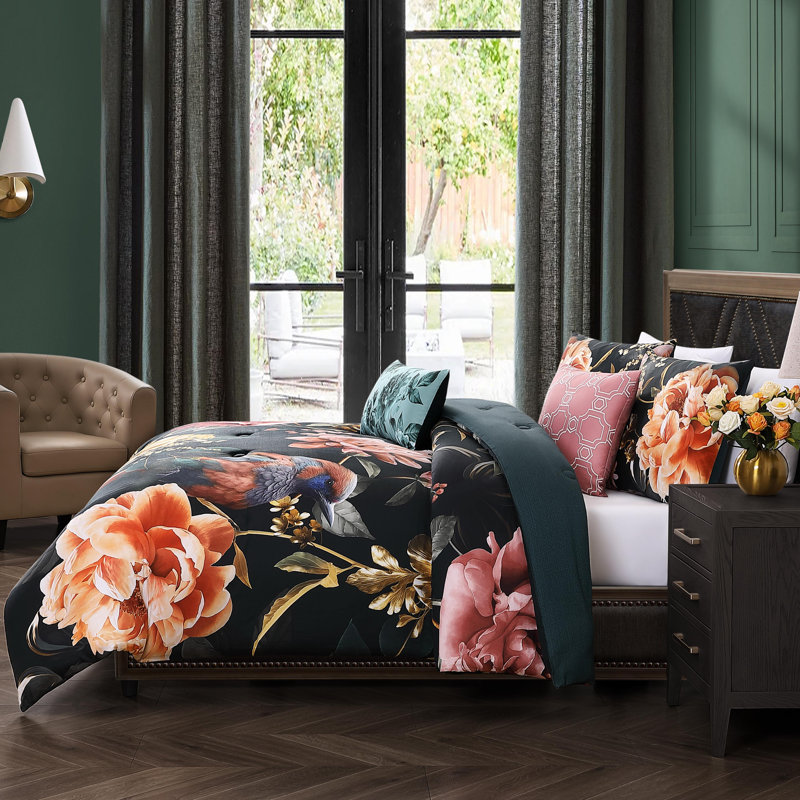 King Black Cotton Reversible Comforter Set with Floral Design
