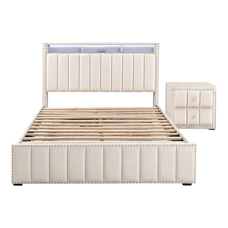Ozara 2-Piece Bedroom Set With Charging Stations, Beige, Full, 2 Pieces: Bed, Nightstand