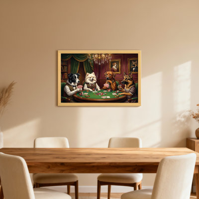 Fashion Dogs Playing Poker At Table In Elegant Room
