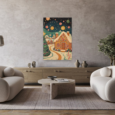 «Gingerbread Christmas Village» fantaisiste abstrait arbre de Noël contemporain, impression d'art mural