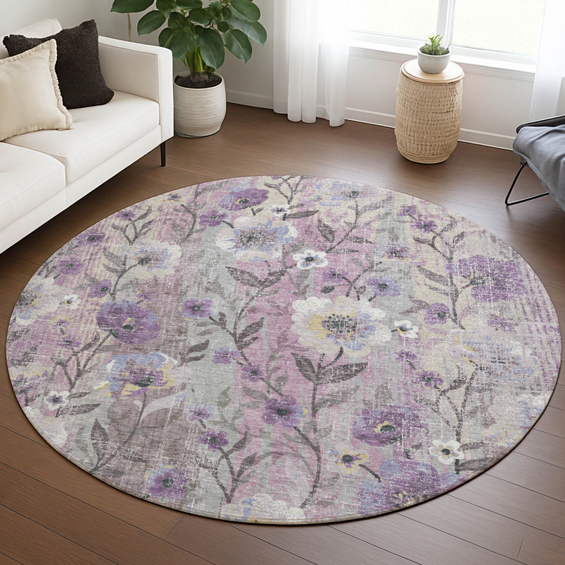 Machine Washable Indoor/Outdoor Chantille ACN2403 Floral Rug, Round 8'