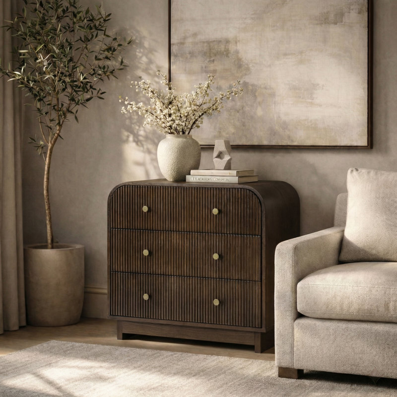 Melisa Modern 28"W 3-Drawer Fluted Curved End Table Simple Assemblly with Charging Station, Walnut