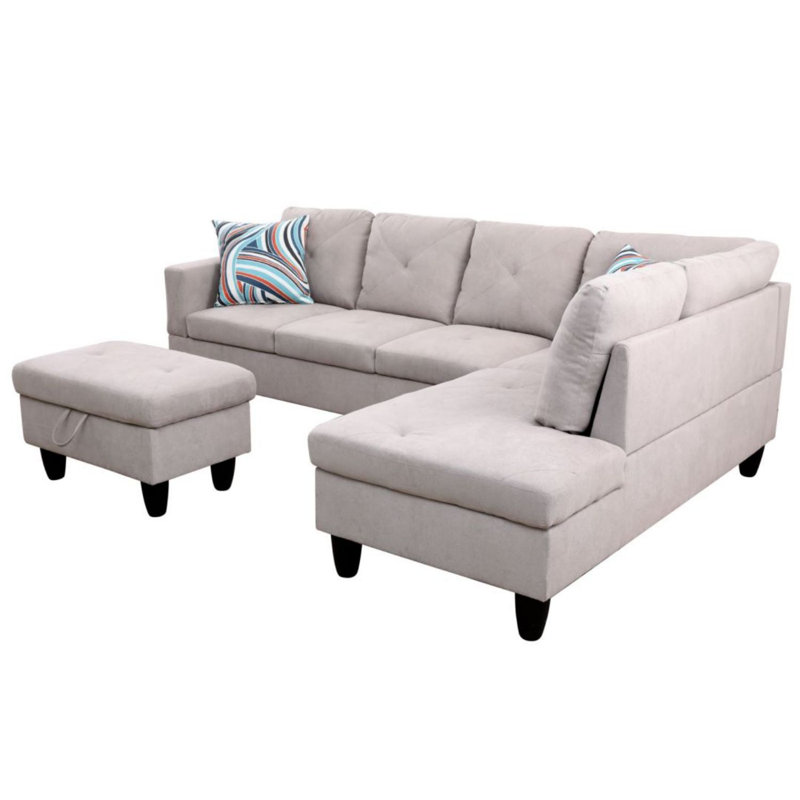 Canapé modulaire en L 3 pièces pour salon Manol, Mélange de polyester gris, Accoudoir à droite (vu de face)