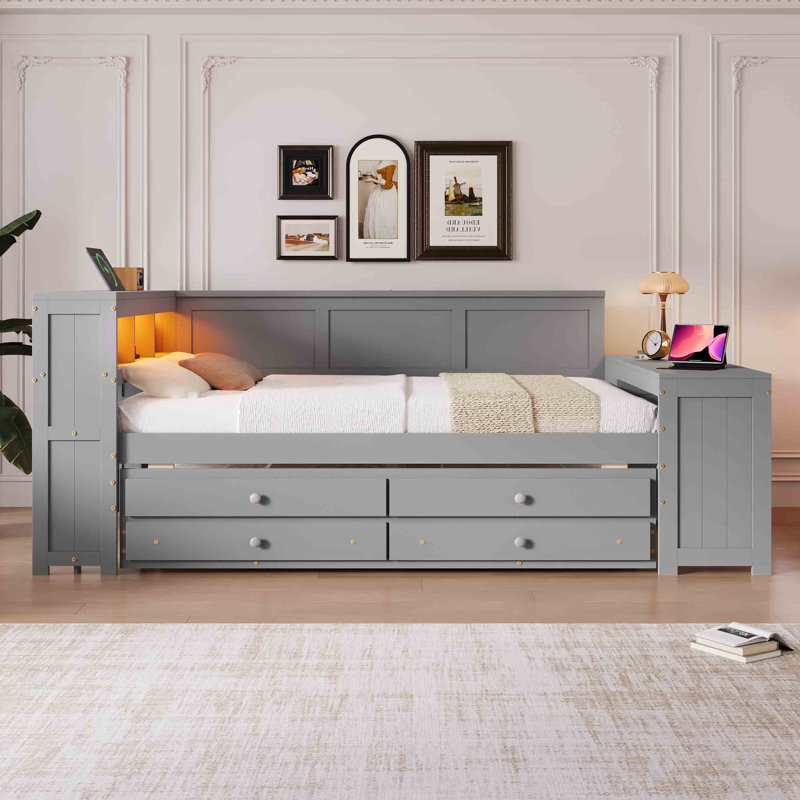 Daybed With Storage Drawers, Led Light And Usb Ports, White