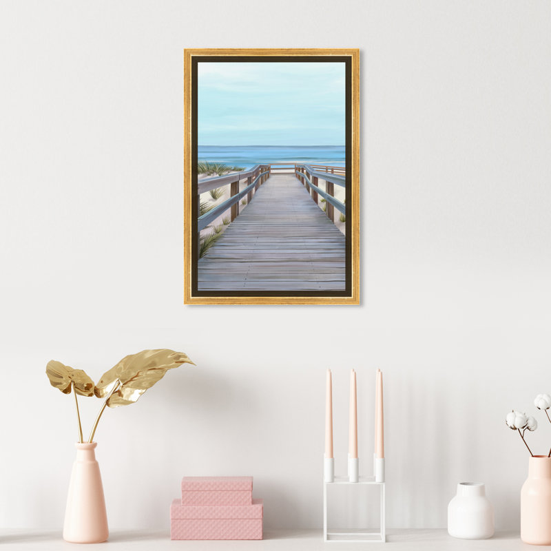 Plage avec vue - reproduction sur toile, Toile encadrée d'or, H 15 po x l 10 po