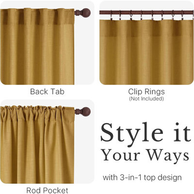 Linen Curtains for Living Room, Thick Flax Linen Blend Rod Pocket & Back Tab Drapes with Light Filtering, Rustic Farmhouse Window Panels 84" Long, 55 inches Wide, Gold Brown, 2 Panels
