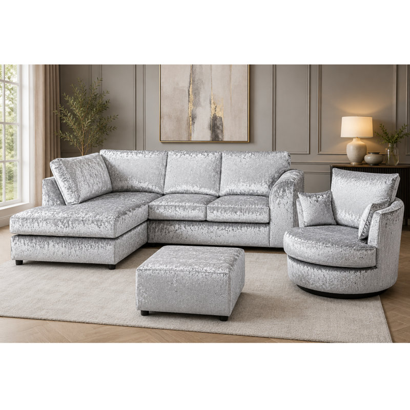 4 Seater Velvet Sofa & Chaise, Silver
