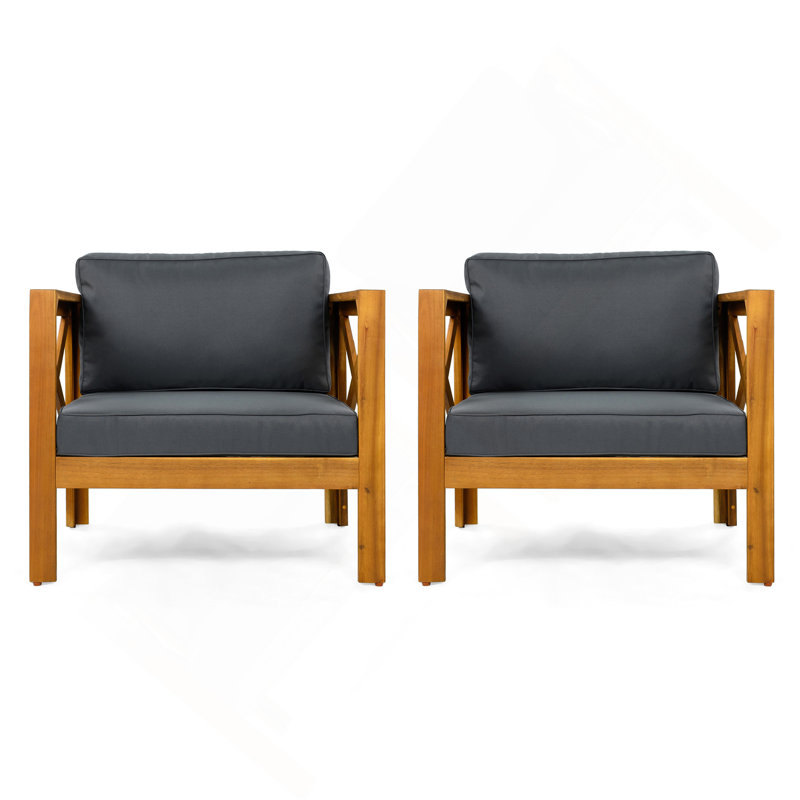 Fauteuil club d'extérieur en bois d'acacia avec coussins, ensemble de conversation, finition teck, 2, Gris foncé