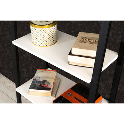 White 5 Tier Modern Bookshelf Organizer, Metal Frame Solid Wood Bookcase For Restricted Living And Office Areas Compact Room &
