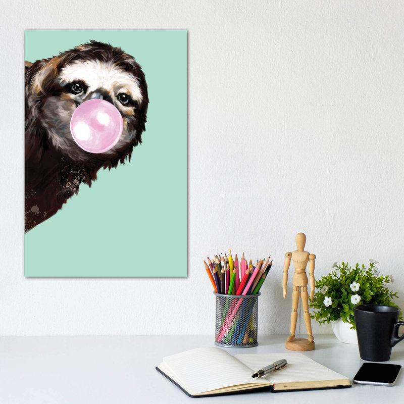 Sneaky Sloth Blowing Bubble Gum In Green by Big Nose Work - Print on Canvas, 66.04 cm H x 45.72 cm W x 1.91 cm D, No Frame