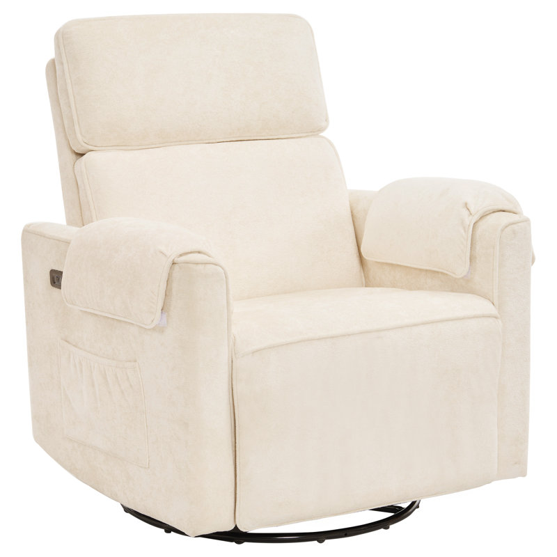 Fauteuil inclinable électrique surdimensionné Veya, fauteuil à bascule pivotant extra large de 66 cm avec appui-tête réglable, fauteuil à bascule en chenille pour chambre d'enfant avec accoudoirs rembourrés, ports USB, crème