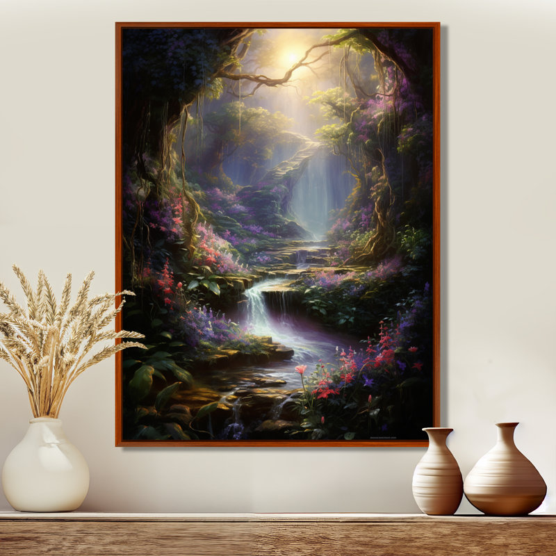 Couloir magique avec fleurs dans les bois - rivière, art mural du salon, Toile avec cadre flottant brun