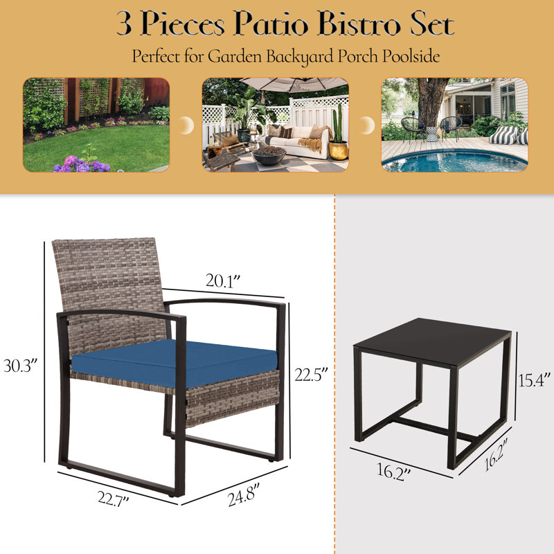 3 Piece Outdoor Patio Convensation Set, All-Weather Rattan Balcony Furniture Set, Blue, Gray