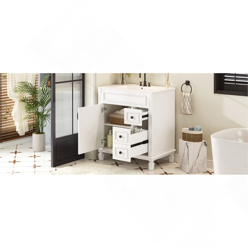 Meuble-lavabo de 30 po avec lavabo en céramique, petite armoire de salle de bain, armoire moderne avec 2 tiroirs et tablette réglable
