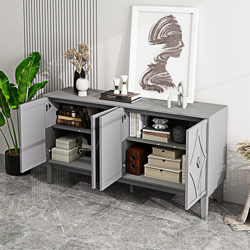 Armoire de rangement rétro à 4 portes avec motif géométrique sculpté à la main et tablettes réglables