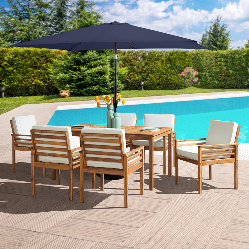 8 Piece Set Okemo Table w/6 Chairs 10"" Rectangular Umbrella (Dark Blue), Dark Blue, 6