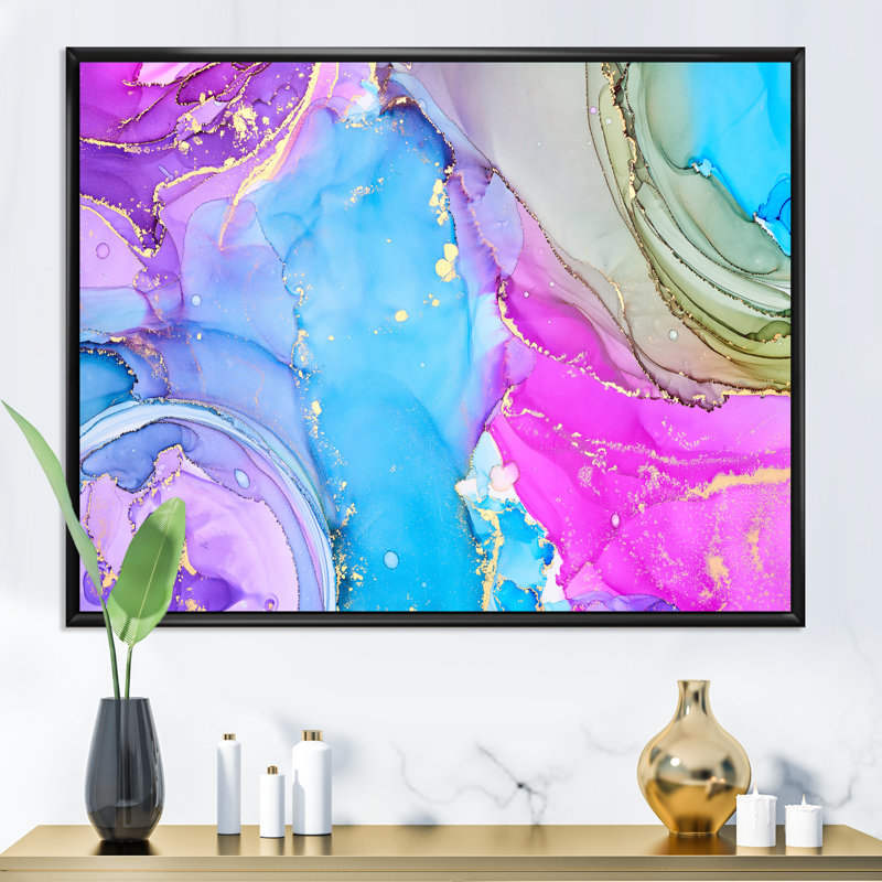 Turquoise et rose luxueux abstrait, peinture sur toile, H 30 po x l 40 po x P 1,5 po, Cadre flottant noir