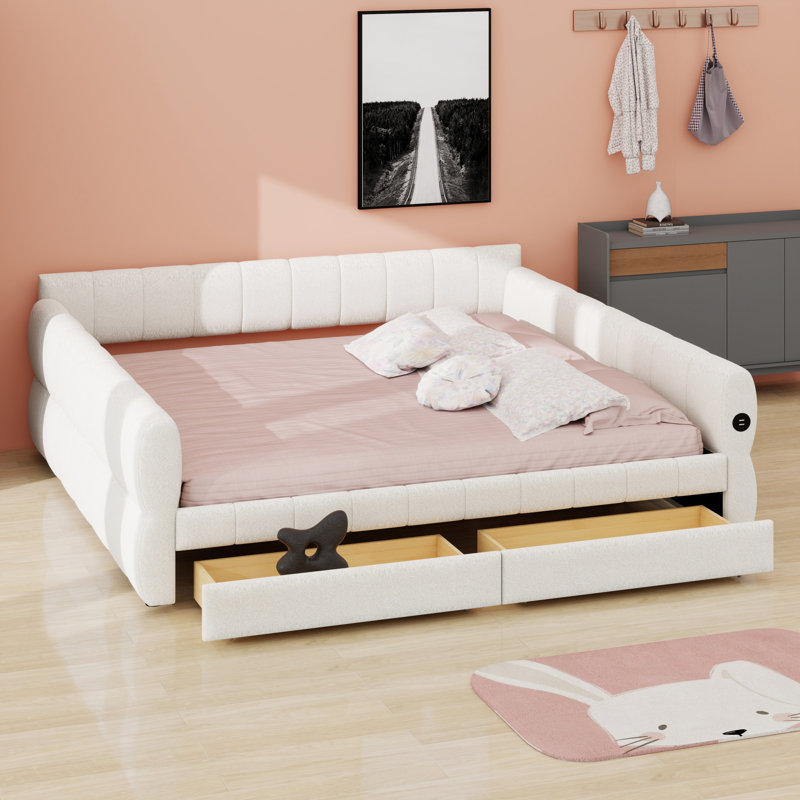 Modern Platform Bed Featuring Two Storage Drawers, White
