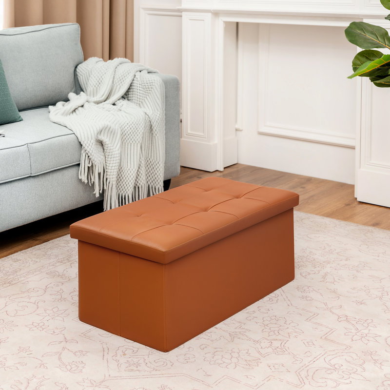 Folding Storage Ottoman With Tray Top – Faux Leather, 30-Inch Collapsible Bench, Footrest & Coffee Table, 300Lbs Capacity