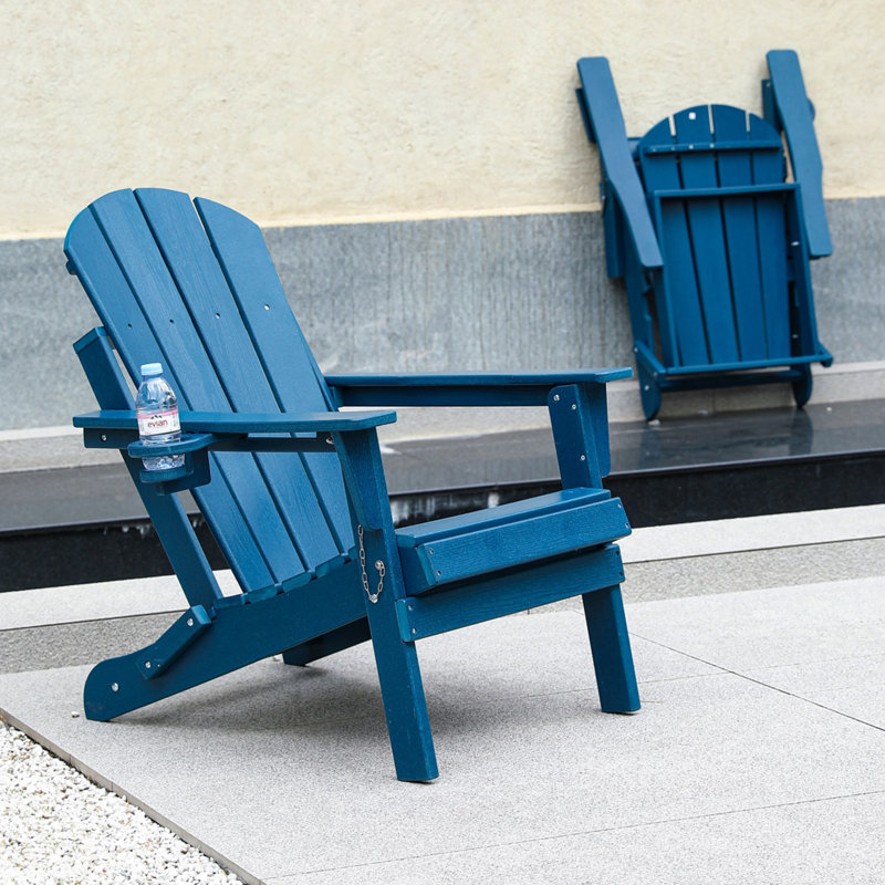 Chaise Adirondack pliante Hdpe avec porte-gobelet double, chaise en composite avec texture en bois, facile à assembler, bleu marine