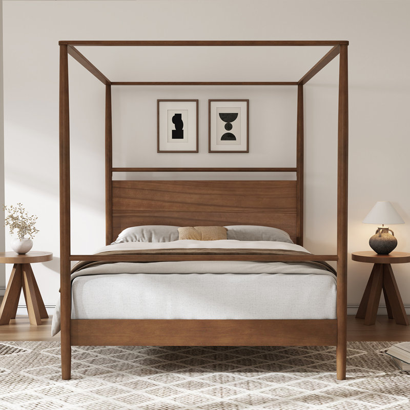 Solid Wood Canopy Bed Frame Four Posters Bed No Box Spring Needed, Walnut, King
