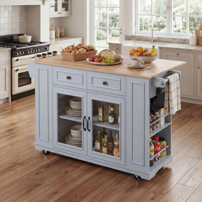 54" Rolling Kitchen Island with Power Outlet, Glass Door Storage Cabinet, Open Shelves, Spice Rack, Knife Holder and Towel Rack