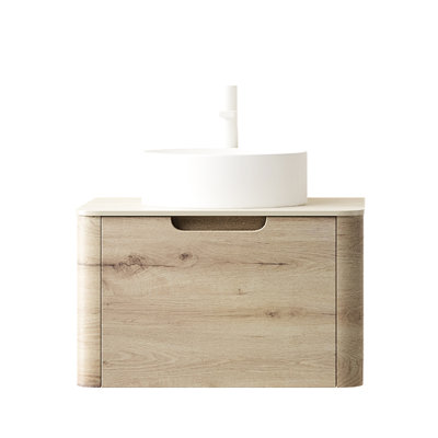 Meuble-lavabo de 24 po avec armoire en contreplaqué, lavabo rond en céramique blanc exquis, plateau en pierre frittée d'aspect marbre naturel, finition chêne, meuble-lavabo mural de 24 po facile à installer, vasque à teinture