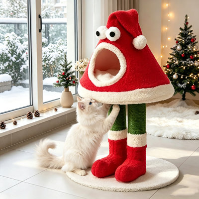 Christmas Elf Hat Cat Tree with Cat Condo, Sisal Scratching Post Tower, Plush Indoor Cat Furniture for Kittens & Adult Cats, Festive Holiday Cat Play House