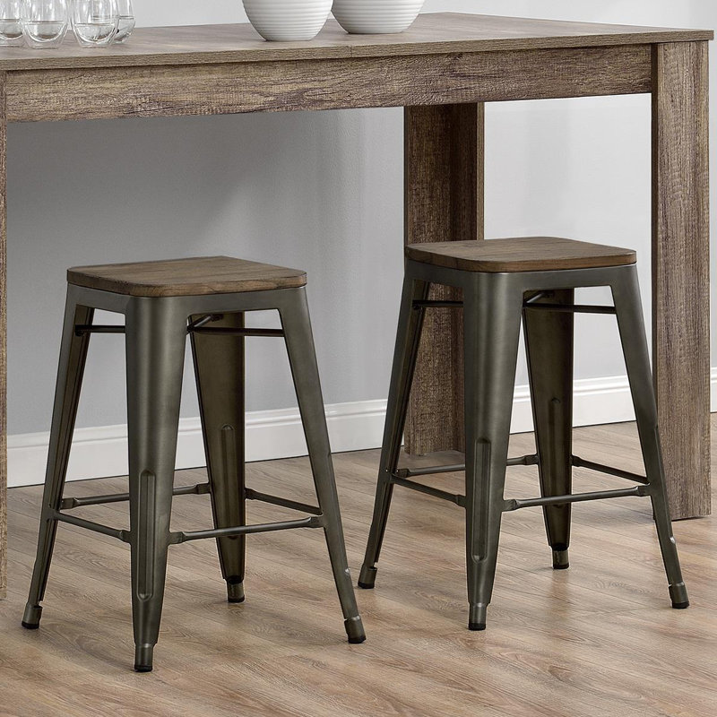 Counter Stool with Metal Frame, Antique Gun Metal, Counter Stool (24" Seat Height)