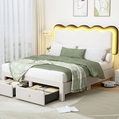 Base de lit plateforme avec rangement à DEL et tête de lit ondulée, facile à assembler, sans matelas à ressorts