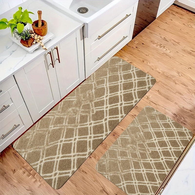 Trellis Lattice Design, 2 Pcs Non Slip Kitchen Mats, Tan Abstract
