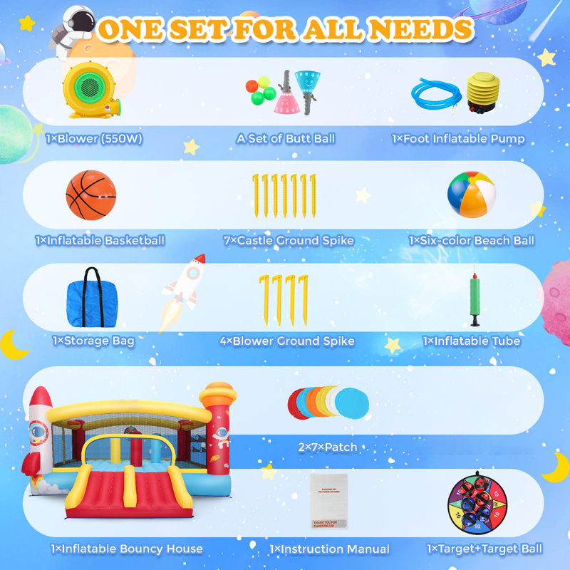 Château gonflable gonflable pour grands enfants 3-12, grand château gonflable à thème fusée avec double glissade de course, piliers de perforation, cerceaux de basketball doubles, jeu de fléchettes et jeu de lancer de balle