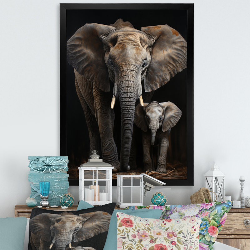 «Emjay Elephant Family» en noir et blanc sur toile, H 20 po x l 12 po x P 1 po, Cadre photo noir