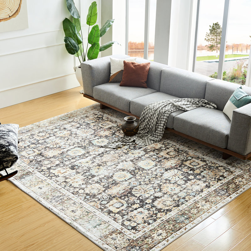 Tapis oriental rectangulaire en polyester lavable à la machine brun / gris Thornell, Rectangle 7 pi 10 po x 10 pi 3 po