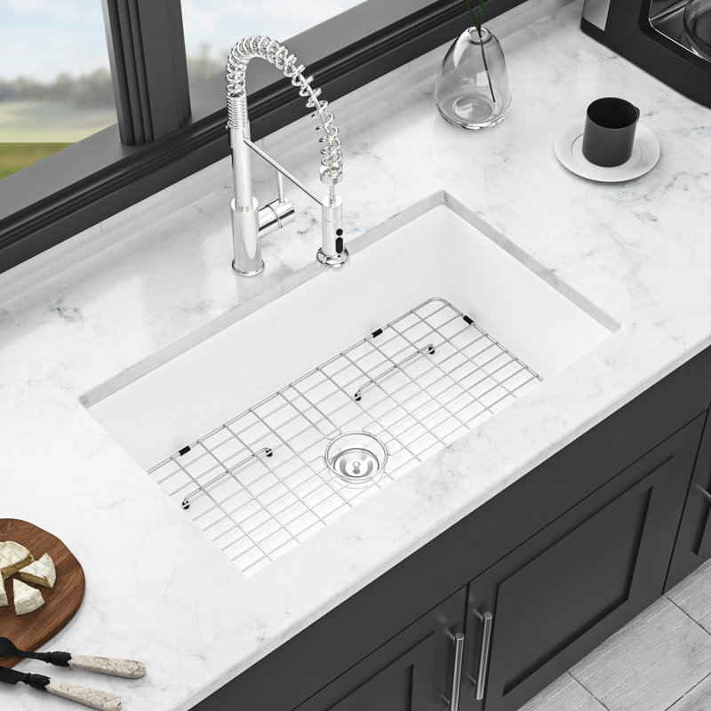 32" Ceramic Undermount Basin - Stylish White For Contemporary Kitchen Designs Sink Chipping , Rectangular
