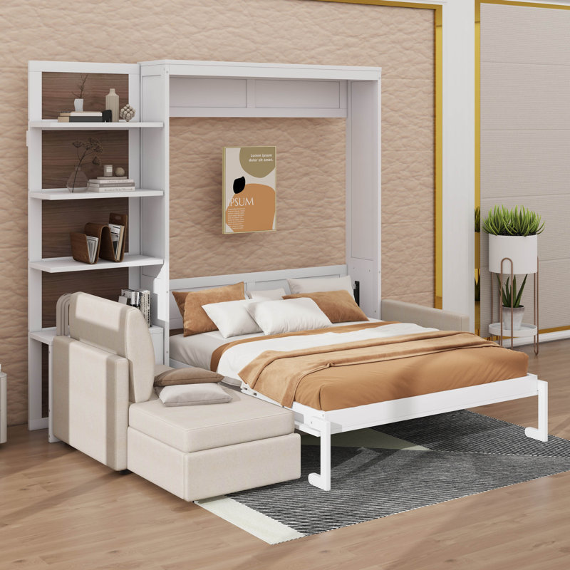 Grand lit escamotable avec canapé et tablettes, Blanc