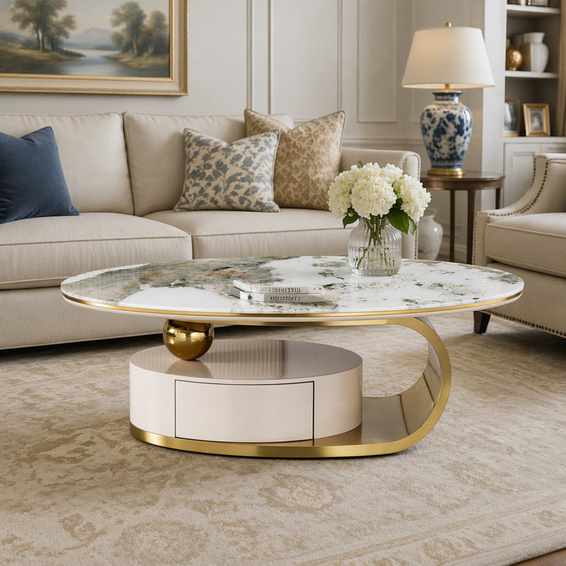 Table basse ovale de luxe de 51,18 po avec tiroir, plateau en verre imprimé, cadre en acier inoxydable brossé 201 #, centre de rangement de salon moderne