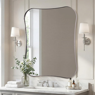 Contemporary Dual Concave Edge Scalloped Rectangle Bathroom Vanity Mirror | Stainless Steel Frame