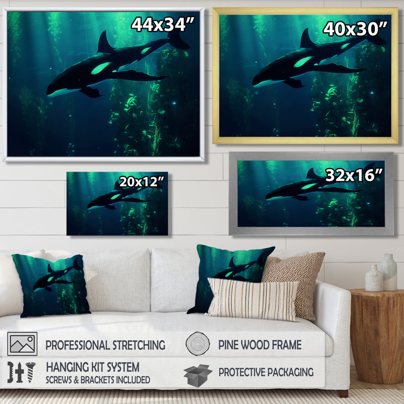 «Deep Ocean Orka God Rays - Coastal Animal», reproduction d'art mural, Toile flottante dorée encadrée, H 16 po x l 32 po