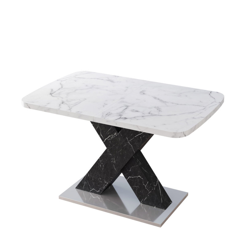 Modern Square Dining Table, Stretchable, Printed White Marble Table Top+MDF Black X-Shape Table Leg with Metal Base