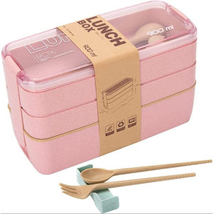 Stackable Bento Box Adult Japanese Lunch Box Kit with Spoon & Fork 3-In-1  Compartment Wheat Straw Meal Camping Picnic Food box